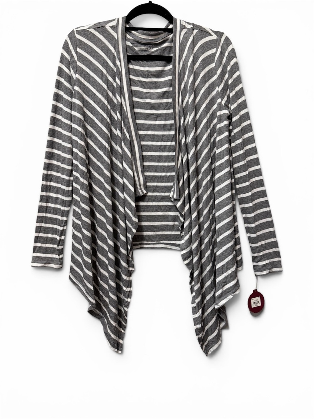 SO Striped Draped Open Front Cardigan Sweater in Gray and White Size L